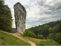 Maczuga Herkulesa, wysoka skała wapienna, stoi samotnie na tle zielonego lasu i burzowego nieba.