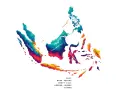 Mapa Indonezji z zaznaczonymi wyspami: Sumatra, Jawa, Kalimantan, Sulawesi, Moluki, Papua. Pokazuje, gdzie leży Indonezja.