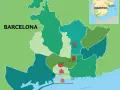 Mapa pokazuje, gdzie jest Barcelona w Hiszpanii, z zaznaczonymi atrakcjami: Park Güell, Sagrada Familia, La Rambla, Dzielnica Gotycka i promenada.