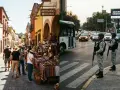 Kolorowa ulica z turystami i stragany z rękodziełem po lewej, po prawej dwóch uzbrojonych żołnierzy na tle korka ulicznego i billboardu "Seguridad Ciudadana". Czy Meksyk jest bezpieczny?