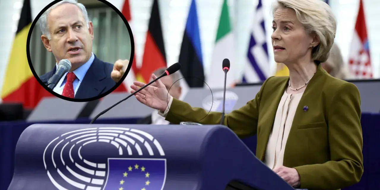 Ursula von der Leyen przemawia na tle flag państwowych, podczas gdy w okręgu widać Benjamina Netanjahu. Czy Izrael to kontynent?