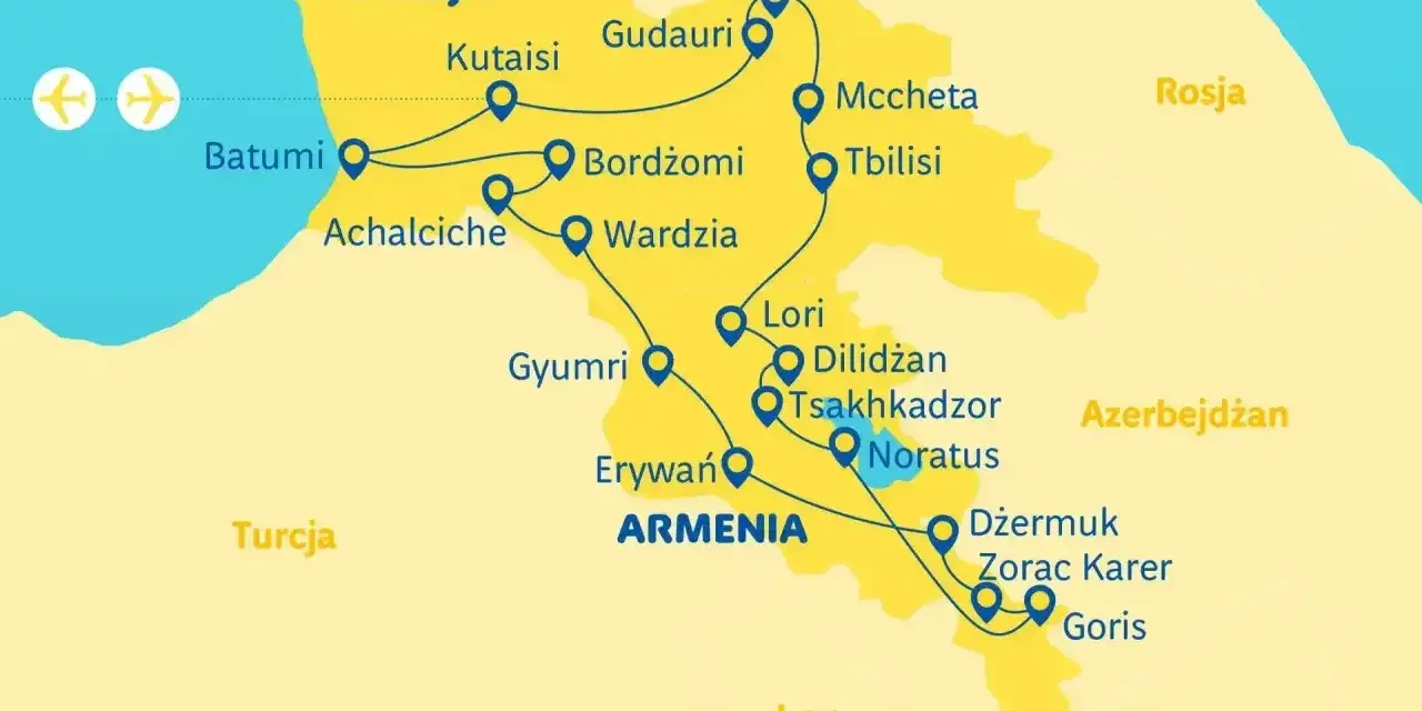 Mapa trasy wycieczki do Gruzji i Armenii: Batumi, Kutaisi, Tbilisi, Erywań i inne miasta.