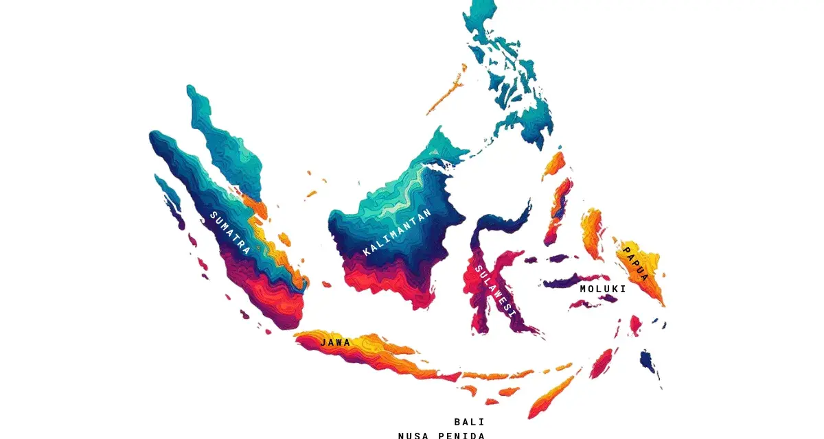Mapa Indonezji z zaznaczonymi wyspami: Sumatra, Jawa, Kalimantan, Sulawesi, Moluki, Papua. Pokazuje, gdzie leży Indonezja.