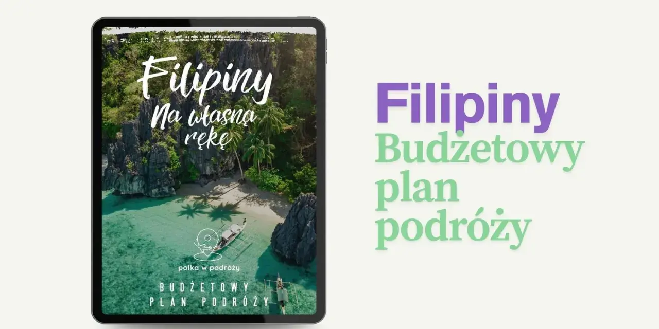 Filipiny na własną rękę – budżetowy plan podróży. Tropikalna wyspa z palmami i łodzią na turkusowej wodzie.