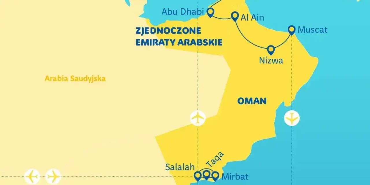 Mapa pokazuje Zjednoczone Emiraty Arabskie i gdzie jest Oman, z zaznaczonymi miastami jak Dubaj, Maskat i Salalah.
