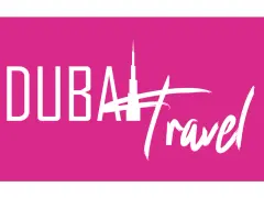 Logo z napisem "DUBAI Travel" i sylwetką Burdż Chalify. Planujesz podróż do Zjednoczonych Emiratów Arabskich? Wiza do Dubaju czeka!