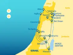 Mapa Izraela z zaznaczonym Nazaretem, Tyberiadą i Jerozolimą. Pokazuje, gdzie leży Nazaret, blisko Jeziora Galilejskiego.