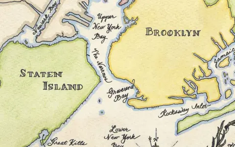 Mapa pokazuje, gdzie jest Nowy Jork: Staten Island, Brooklyn, Newark Bay i Upper New York Bay.