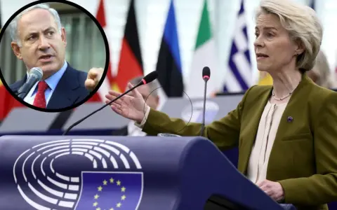 Ursula von der Leyen przemawia na tle flag państwowych, podczas gdy w okręgu widać Benjamina Netanjahu. Czy Izrael to kontynent?