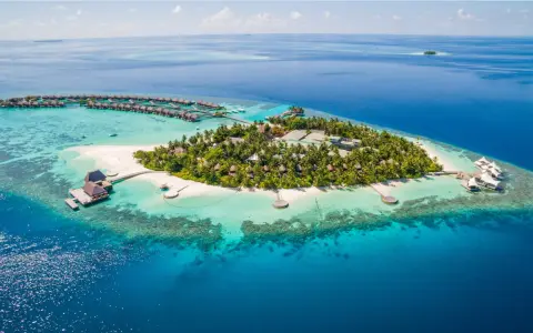 Rajskie Malediwy wiza: wyspa z bungalowami na wodzie, plażą i palmami, otoczona turkusową wodą.