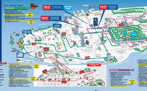 Mapa turystyczna Nowego Jorku pokazuje, w jakim stanie jest miasto, z zaznaczonymi atrakcjami i trasami autobusów.