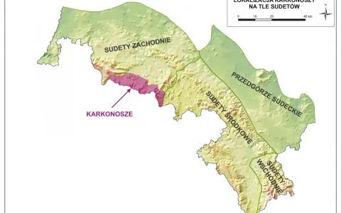 Mapa pokazuje lokalizację Karkonoszy na tle Sudetów. Widać podział na Sudety Zachodnie, Środkowe, Wschodnie i Przedgórze Sudeckie.
