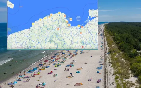 Mapa pokazuje, gdzie najcieplej nad morzem. Widać plażę pełną ludzi i parawanów.