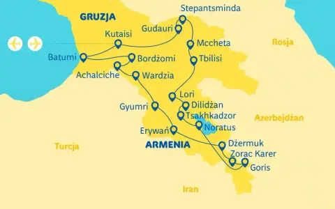 Mapa trasy wycieczki do Gruzji i Armenii: Batumi, Kutaisi, Tbilisi, Erywań i inne miasta.