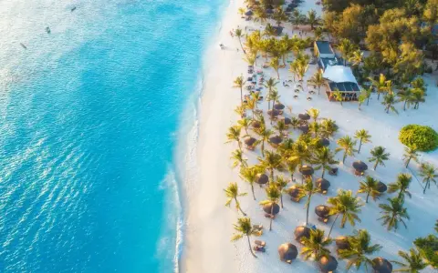 Rajska plaża na Zanzibarze, idealna na wakacje w październiku. Turkusowa woda, biały piasek i palmy tworzą idylliczny krajobraz.