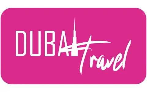 Logo z napisem "DUBAI Travel" i sylwetką Burdż Chalify. Planujesz podróż do Zjednoczonych Emiratów Arabskich? Wiza do Dubaju czeka!