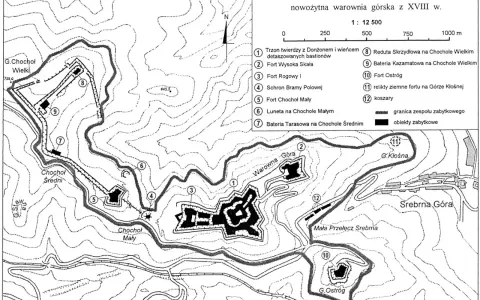 Mapa twierdzy Srebrna Góra z zaznaczonymi fortyfikacjami, punktami widokowymi i legendą.