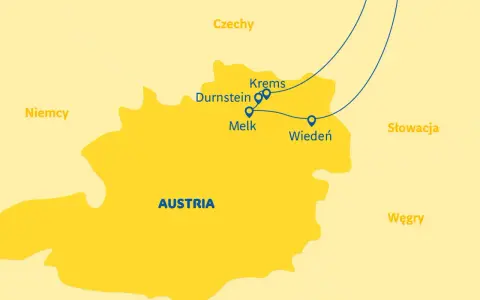 Mapa Austrii z zaznaczonymi miastami: Wiedeń, Melk, Durnstein, Krems. Planujesz podróż? Sprawdź, co zobaczyć w Dolinie Wachau!