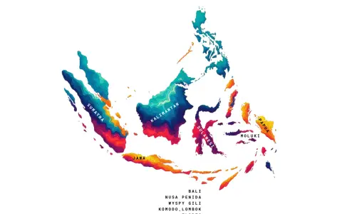Mapa Indonezji z zaznaczonymi wyspami: Sumatra, Jawa, Kalimantan, Sulawesi, Moluki, Papua. Pokazuje, gdzie leży Indonezja.