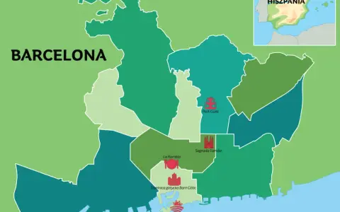 Mapa pokazuje, gdzie jest Barcelona w Hiszpanii, z zaznaczonymi atrakcjami: Park Güell, Sagrada Familia, La Rambla, Dzielnica Gotycka i promenada.