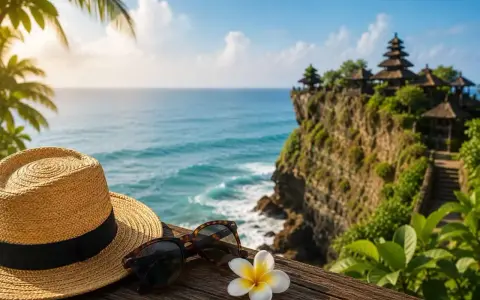 Słoneczny dzień na Bali. Słomkowy kapelusz, okulary i kwiat frangipani na drewnianym tarasie z widokiem na ocean i świątynię na klifie. Idealne miejsce na wakacje, po szczepieniach.