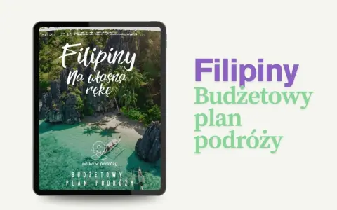 Filipiny na własną rękę – budżetowy plan podróży. Tropikalna wyspa z palmami i łodzią na turkusowej wodzie.