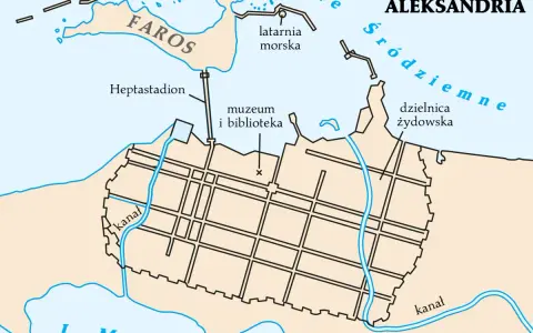 Mapa starożytnej Aleksandrii pokazuje, gdzie leży miasto: nad Morzem Śródziemnym, z portem, latarnią morską, Heptastadionem i dzielnicą żydowską.