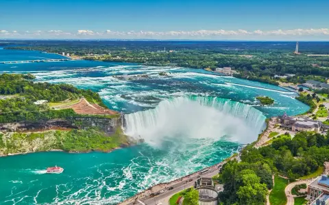 Potężne wodospady Niagara w pełnej krasie, gdzie jest niagara, z turkusową wodą i zielonymi brzegami.
