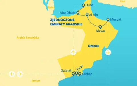 Mapa pokazuje Zjednoczone Emiraty Arabskie i gdzie jest Oman, z zaznaczonymi miastami jak Dubaj, Maskat i Salalah.