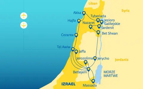 Mapa Izraela z zaznaczonym Nazaretem, Tyberiadą i Jerozolimą. Pokazuje, gdzie leży Nazaret, blisko Jeziora Galilejskiego.