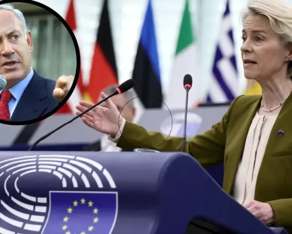 Ursula von der Leyen przemawia na tle flag państwowych, podczas gdy w okręgu widać Benjamina Netanjahu. Czy Izrael to kontynent?