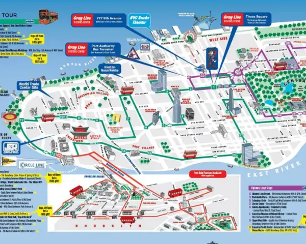 Mapa turystyczna Nowego Jorku pokazuje, w jakim stanie jest miasto, z zaznaczonymi atrakcjami i trasami autobusów.