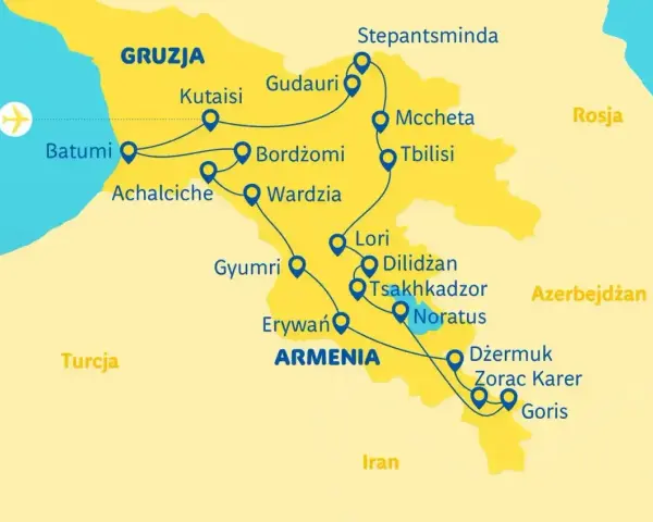 Mapa trasy wycieczki do Gruzji i Armenii: Batumi, Kutaisi, Tbilisi, Erywań i inne miasta.