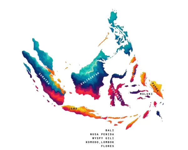 Mapa Indonezji z zaznaczonymi wyspami: Sumatra, Jawa, Kalimantan, Sulawesi, Moluki, Papua. Pokazuje, gdzie leży Indonezja.