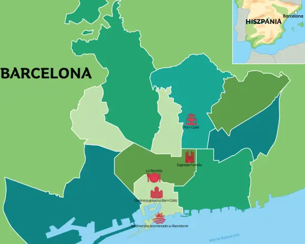 Mapa pokazuje, gdzie jest Barcelona w Hiszpanii, z zaznaczonymi atrakcjami: Park Güell, Sagrada Familia, La Rambla, Dzielnica Gotycka i promenada.