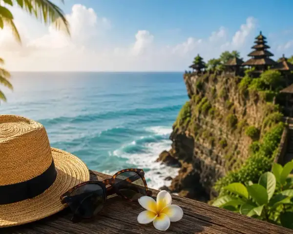 Słoneczny dzień na Bali. Słomkowy kapelusz, okulary i kwiat frangipani na drewnianym tarasie z widokiem na ocean i świątynię na klifie. Idealne miejsce na wakacje, po szczepieniach.