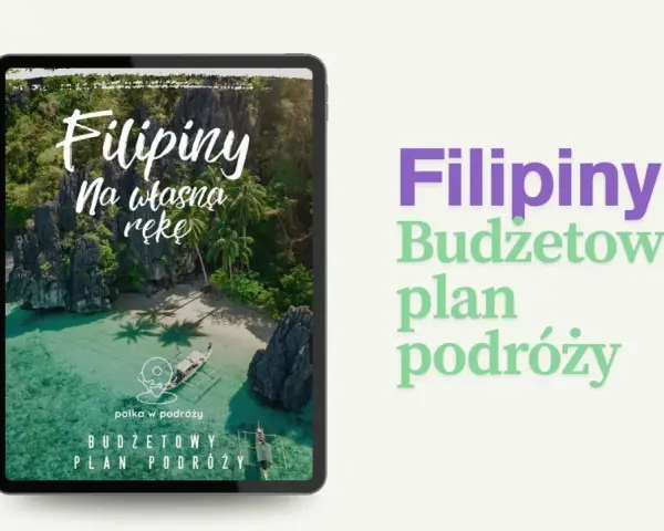 Filipiny na własną rękę – budżetowy plan podróży. Tropikalna wyspa z palmami i łodzią na turkusowej wodzie.