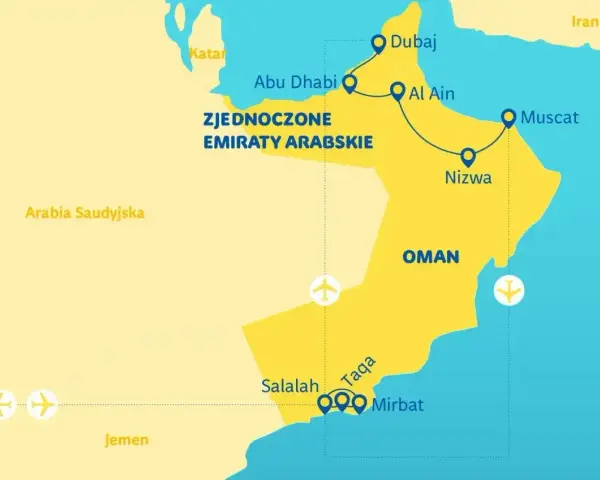 Mapa pokazuje Zjednoczone Emiraty Arabskie i gdzie jest Oman, z zaznaczonymi miastami jak Dubaj, Maskat i Salalah.