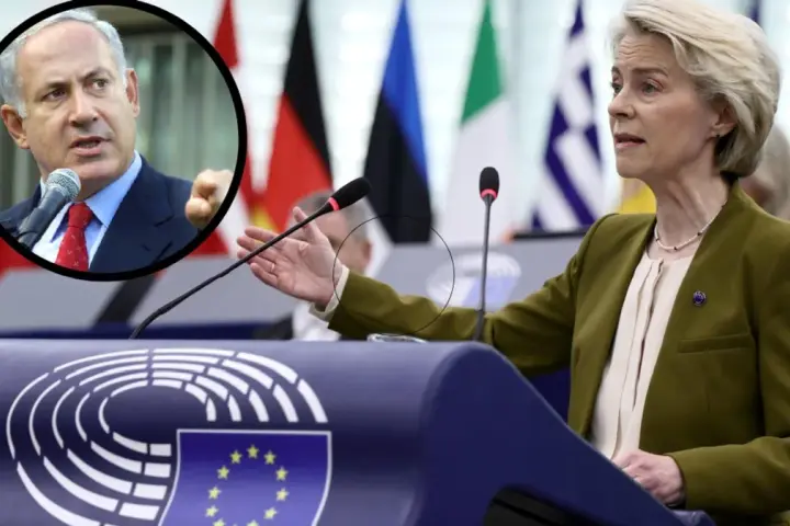 Ursula von der Leyen przemawia na tle flag państwowych, podczas gdy w okręgu widać Benjamina Netanjahu. Czy Izrael to kontynent?