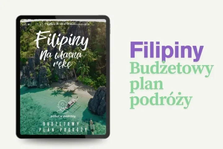 Filipiny na własną rękę – budżetowy plan podróży. Tropikalna wyspa z palmami i łodzią na turkusowej wodzie.
