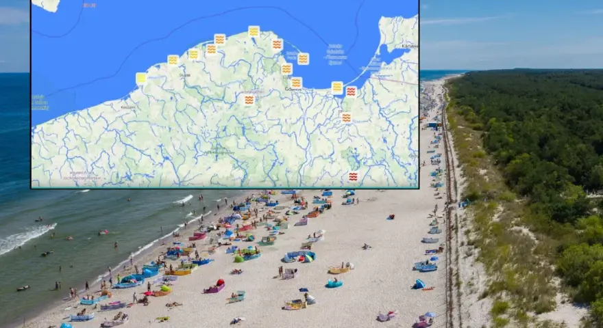 Mapa pokazuje, gdzie najcieplej nad morzem. Widać plażę pełną ludzi i parawanów.