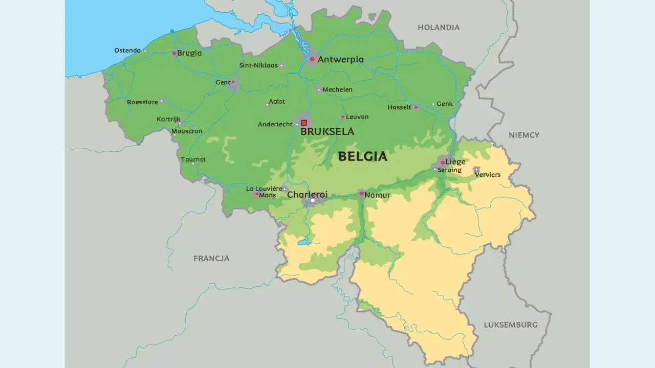 Mapa Belgii z zaznaczoną stolicą Brukselą. Widać też inne miasta jak Antwerpia, Gandawa, Brugia, Liège, Namur, Charleroi, Mons, Tournai, Kortrijk, Roeselare, Ostenda, Mechelen, Leuven, Hasselt, Genk, Seraing, Verviers.