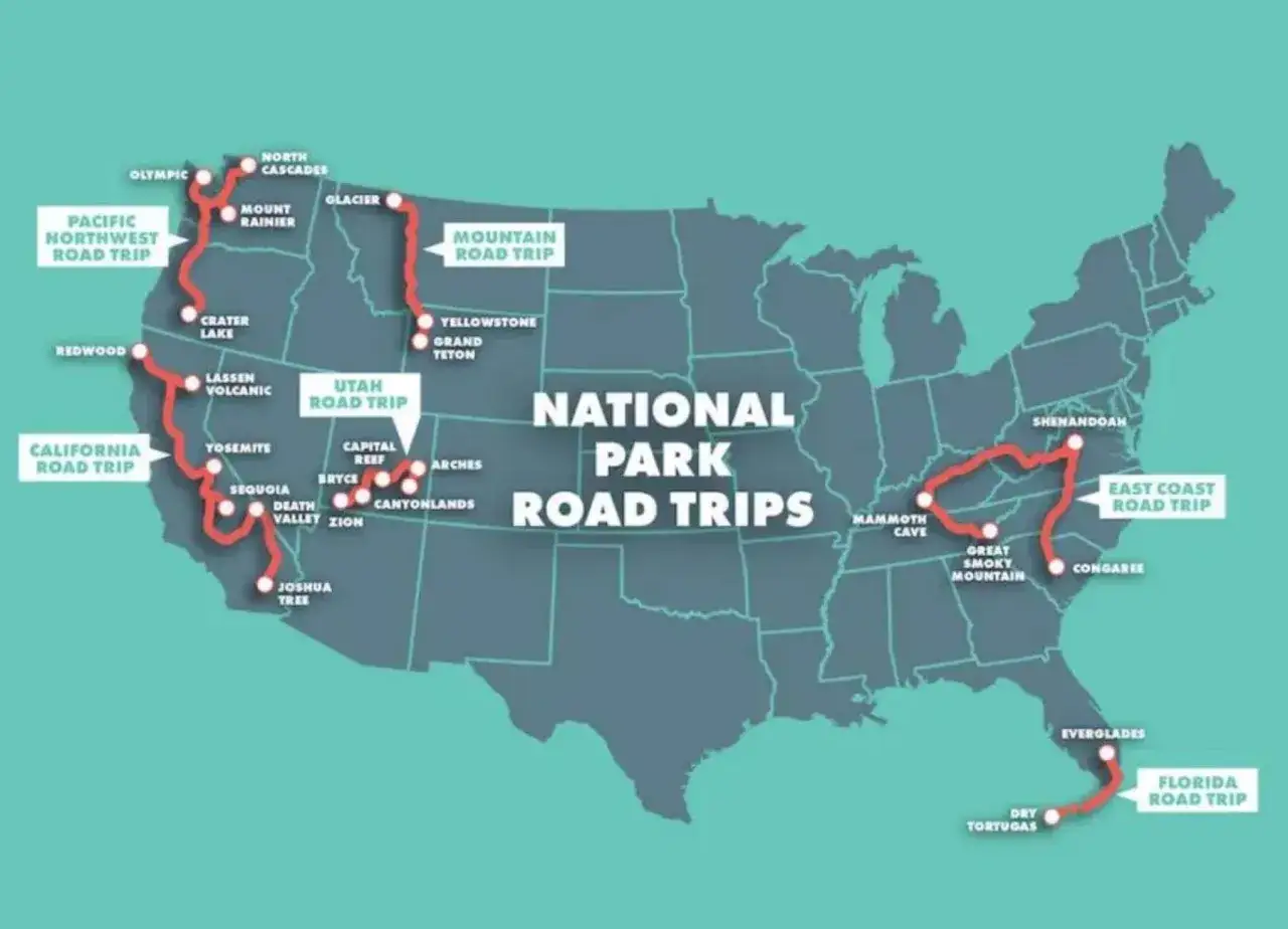 Mapa USA z trasami wycieczek po parkach narodowych: Pacyfik Północno-Zachodni, Kalifornia, Utah, Góry, Wschodnie Wybrzeże i Floryda. Idealna wycieczka do USA!