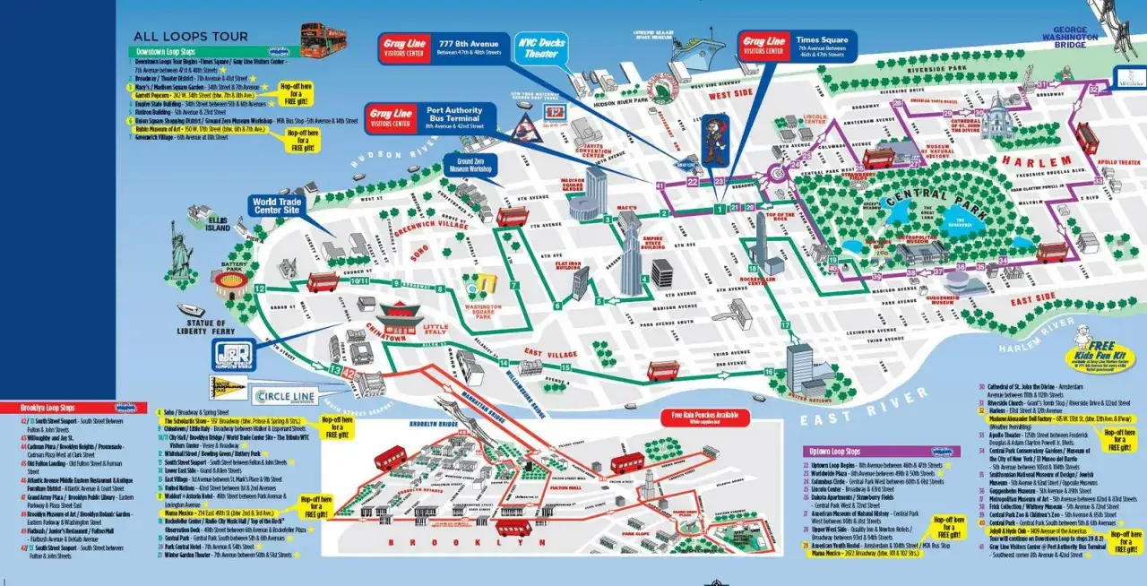 Mapa turystyczna Nowego Jorku pokazuje, w jakim stanie jest miasto, z zaznaczonymi atrakcjami, trasami autobusów i metra.