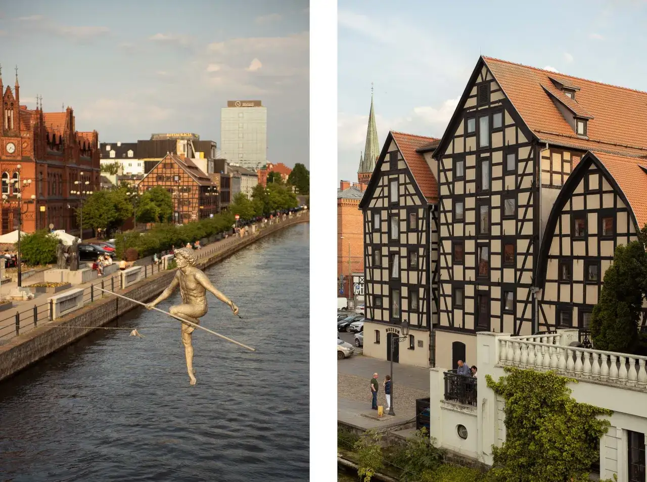 Bydgoszcz oferuje nietypowe atrakcje: rzeźba na linie nad Brdą i urokliwe kamienice w stylu szachulcowym.