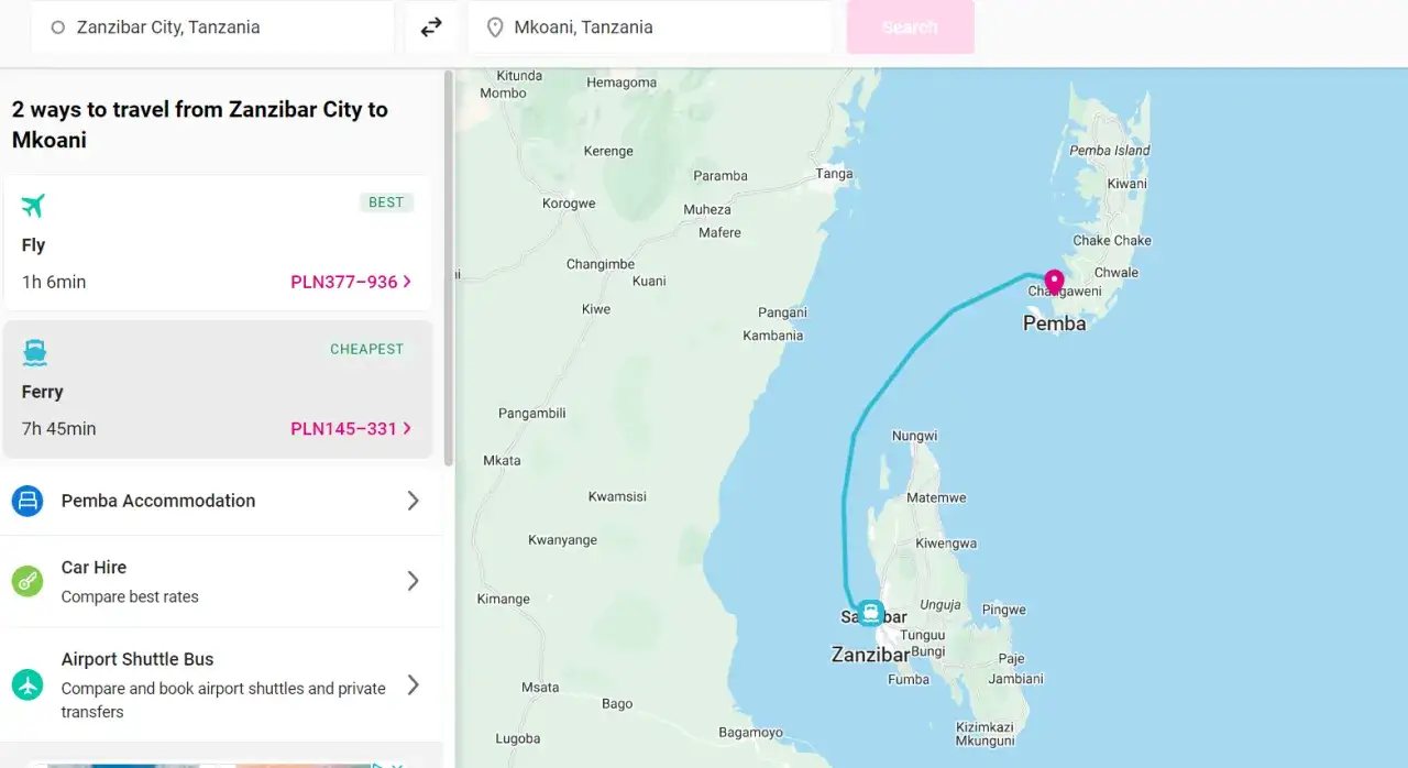 Ile się leci na Zanzibar? Lot trwa 1h 6min, a prom 7h 45min. Sprawdź opcje podróży z Zanzibaru do Mkoani.