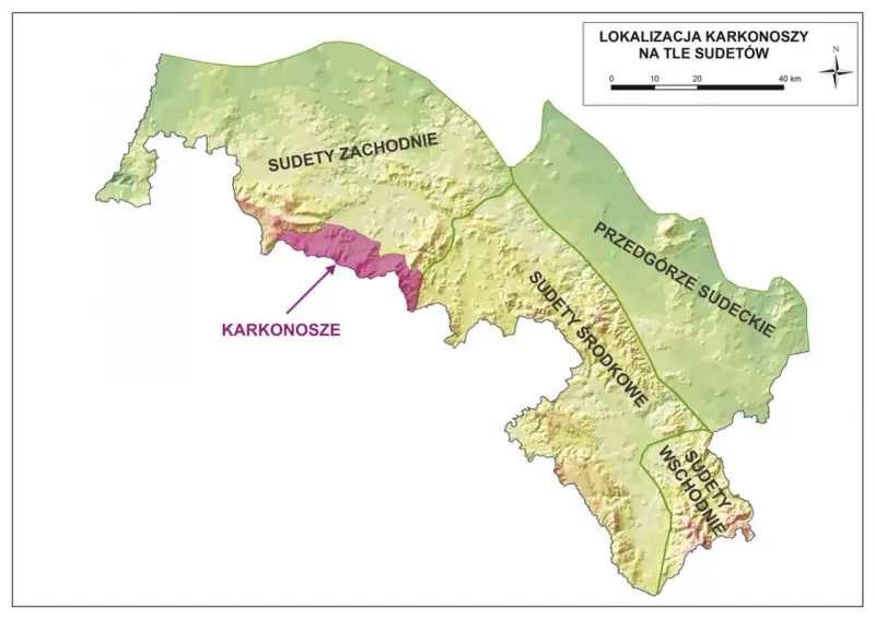 Mapa pokazuje lokalizację Karkonoszy na tle Sudetów. Widać podział na Sudety Zachodnie, Środkowe, Wschodnie i Przedgórze Sudeckie.